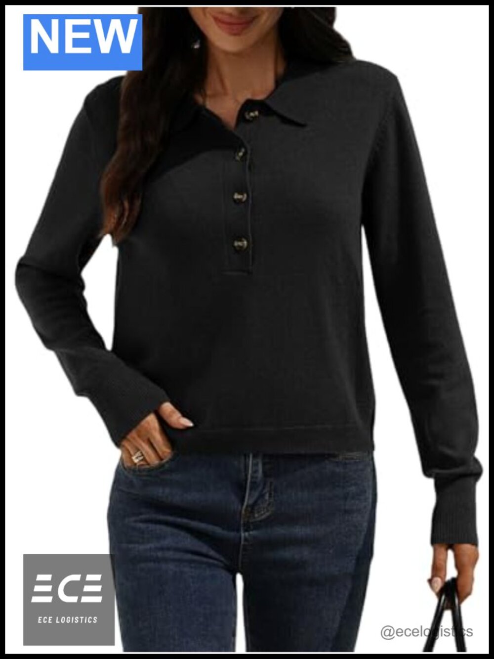 Women's 100% Wool Sweater Polo Collared Button Cropped Long Sleeve Sweater